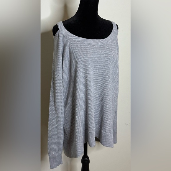 Michael Kors gray silver sparkle peek a boo shoulder split hem sweater XL EUC - Picture 7 of 8